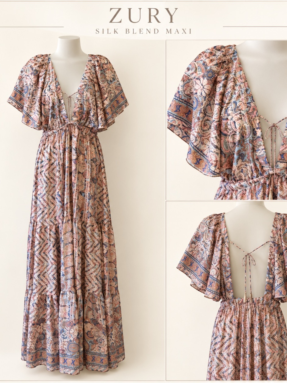 Zury 70% Silk Paisley Maxi Dress | Open Back Flutter Sleeves | Free Size